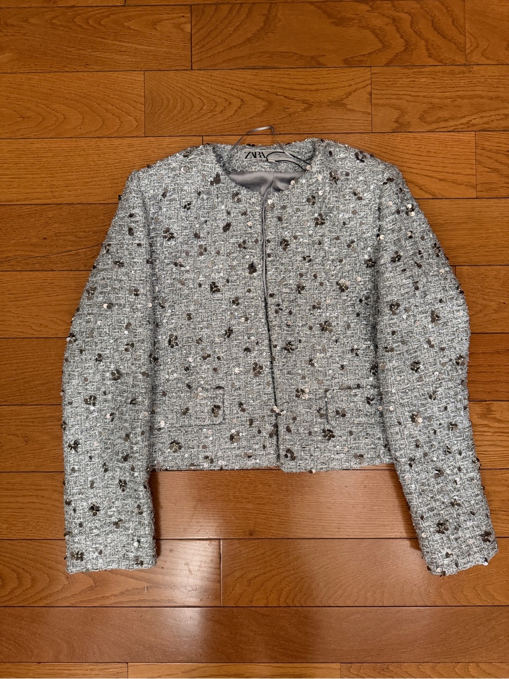ZARA Silver Tweed Sequin-Embellished Cropped Jacket